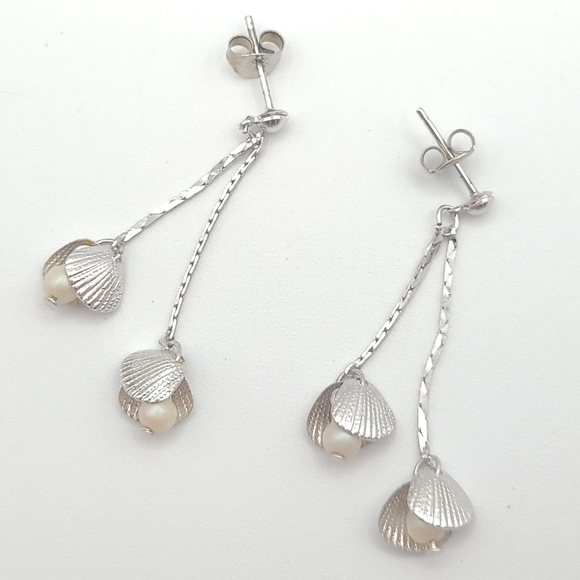 Silver Seashell Drop Earrings with Pearl | Dainty Beach Coastal Jewelry - Picture 5 of 9